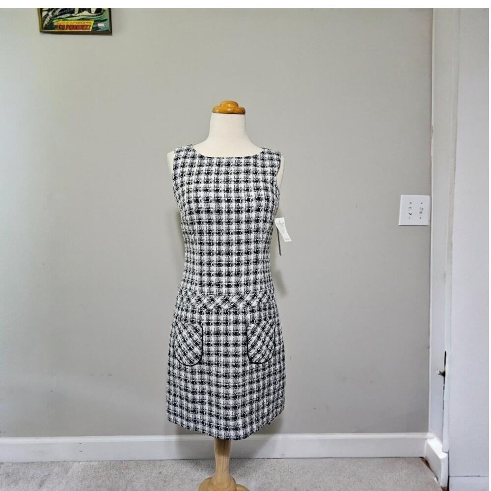 Vintage 60s Style Plaid Tweed Shift Dress with Pockets